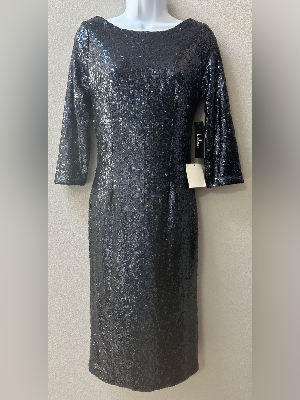 Lulus Navy Blue Sequin Long Sleeve Midi Dress – Size S NWT